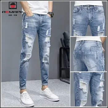 New Fashion Stylish Cowboy Men's Slim Casual Jeans with Ripped Distressed Holes Summer Streetwear Denim Broken Hole Pants Male 1