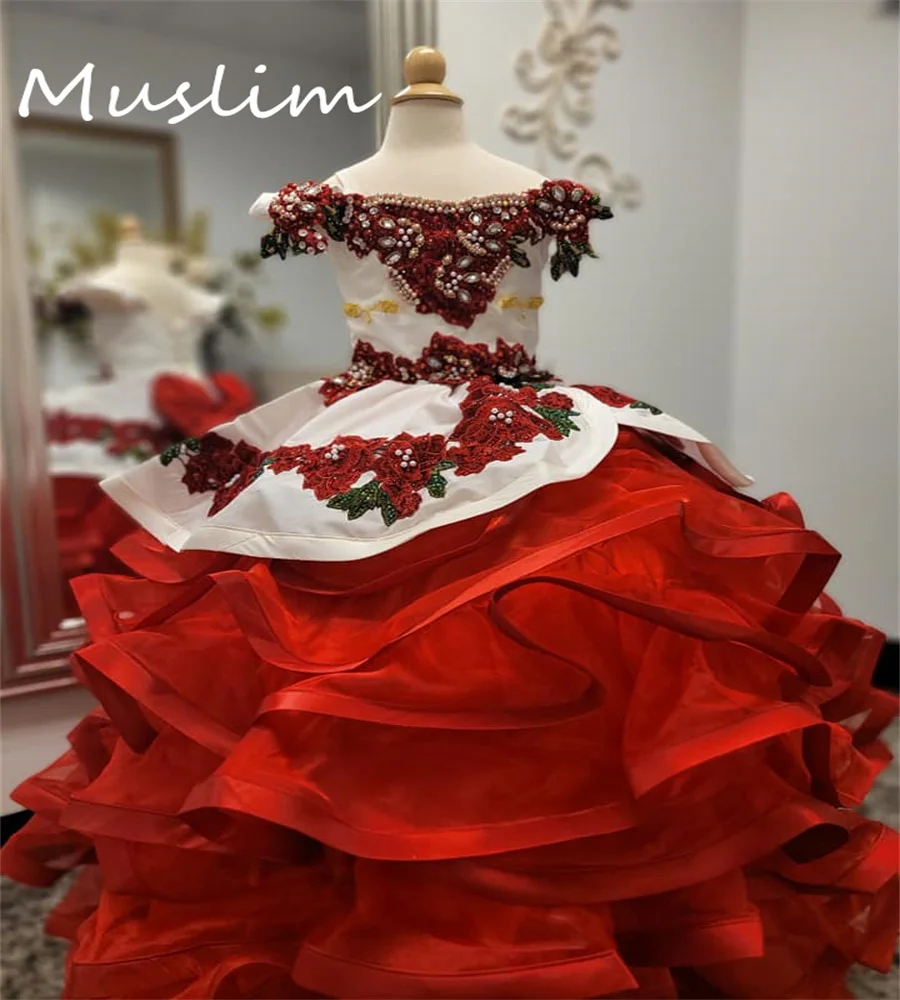 

Luxury Mexican Flower Girls Dress 2023 With Embroidery Cute Kids Pageant Dress Beaded Corset Cake Topper Dress Little Girl Dress
