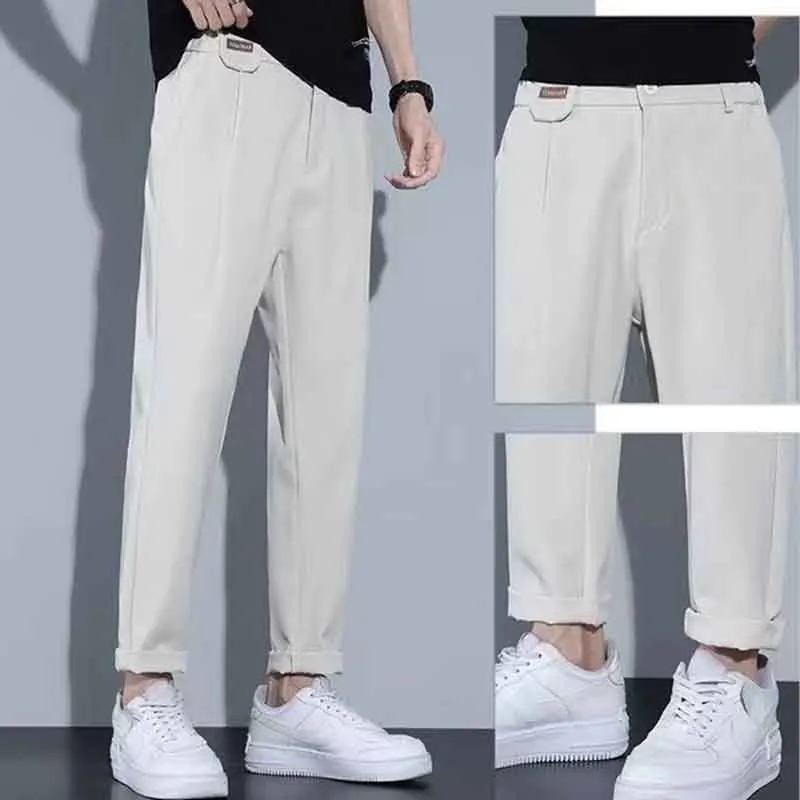 Summer New Fashion Street Trend Versatile Casual Suit Pants Men's Solid Patchwork Button Zipper Pockets Slim Straight Trousers