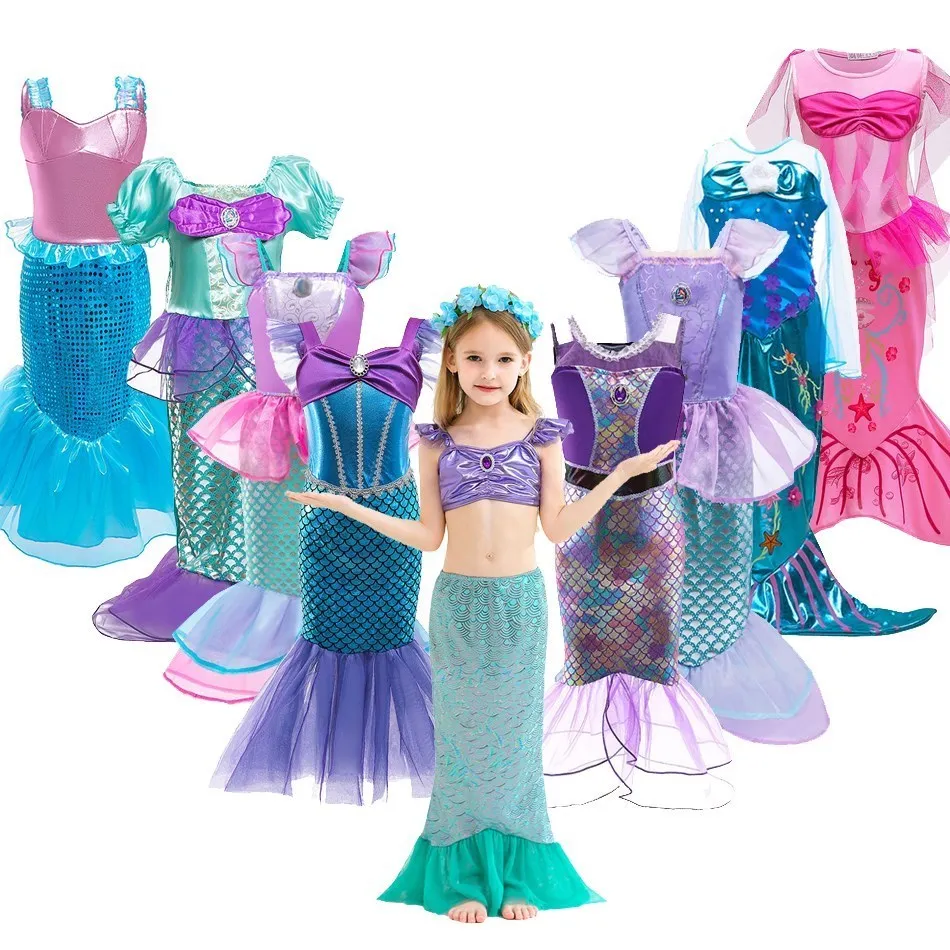 Girls Dress Princess Costume Kids Clothes Girls Little Mermaid Costume Kids Birthday Halloween Princess Girl Dress Children Summer Ariel Party Clothes for Carnival 3-10T