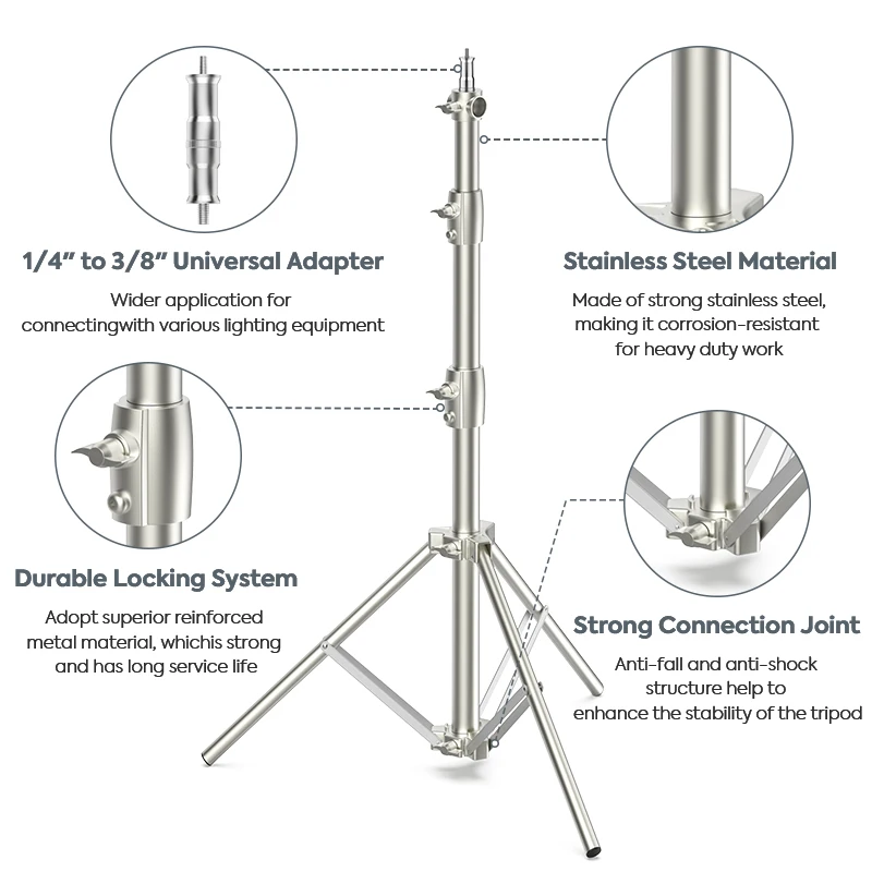 1Pack 9.5ft/2.9m Stainless Steel Photo Tripod Stand Video Light Stand Spring Cushioned Heavy Duty Tripod for Photography Studio