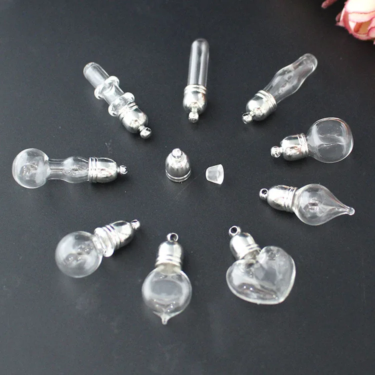 1/3X 6mm Bottle Mouth Glass Vial Pendant Silver Color Cap Name On Rice Art Craft Lucky Perfume Oil Materia Glass Bottle Necklace