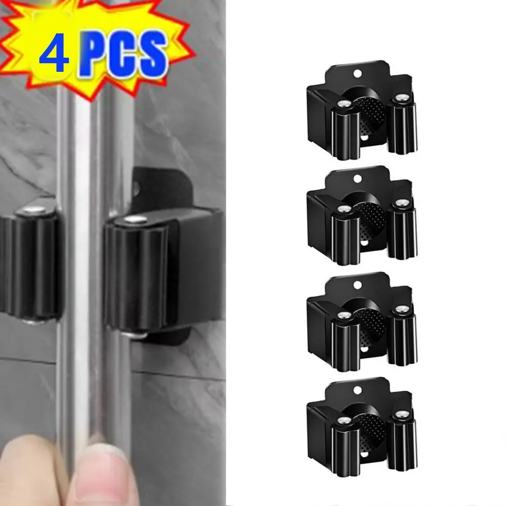4Pcs Wall Mounted Mop Broom Holder with Screws Waterproof Mop Storage Clips Rack Anti-slip Hanging Brush Broom Hanger Home