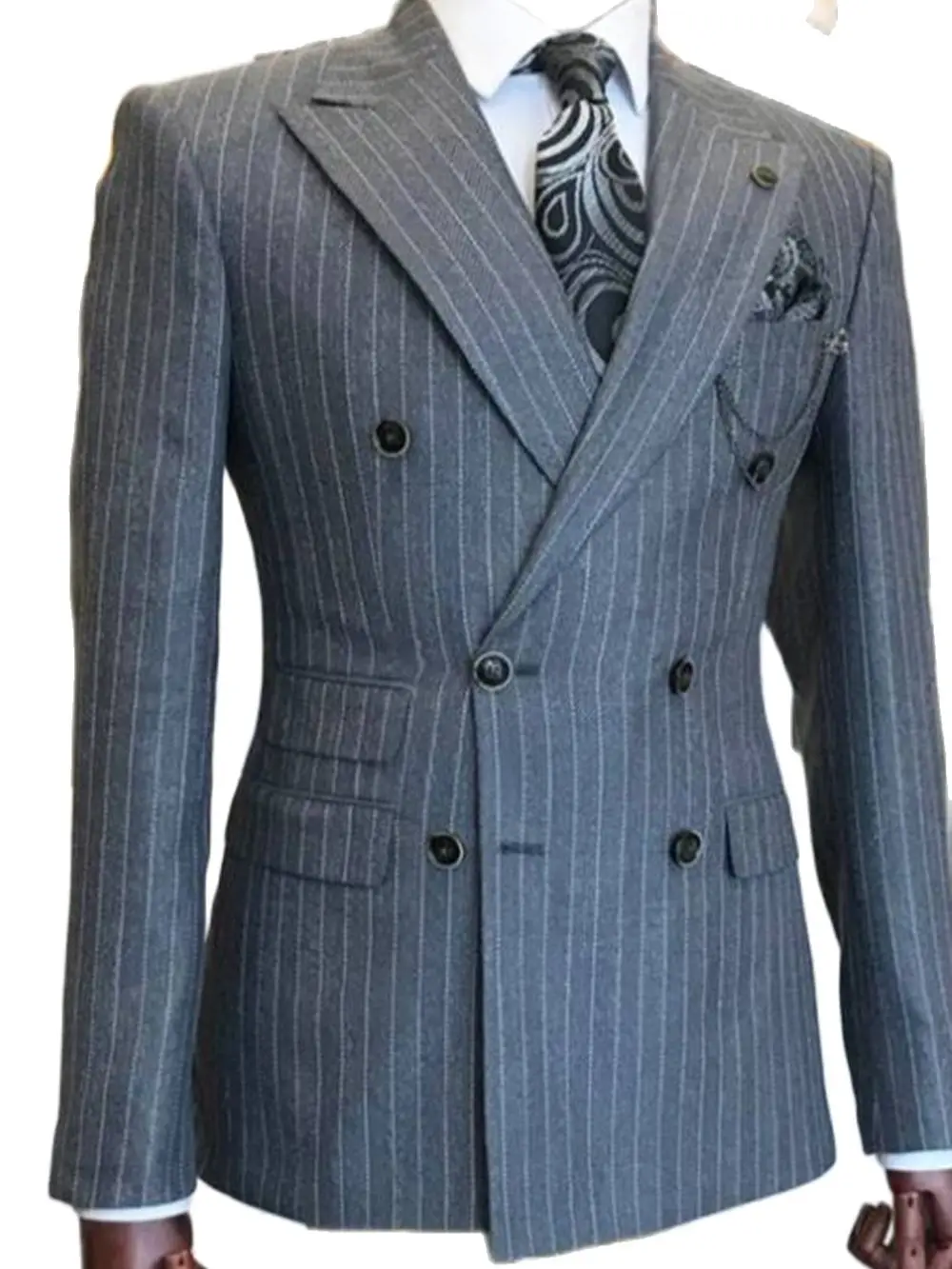 Grey Stripe Men&rsquo;s Suits For Groom Tuxedos Peaked Lapel Slim Fit Blazer 2 Pieces Jacket Pants Man Tailor Made Wear Clothing