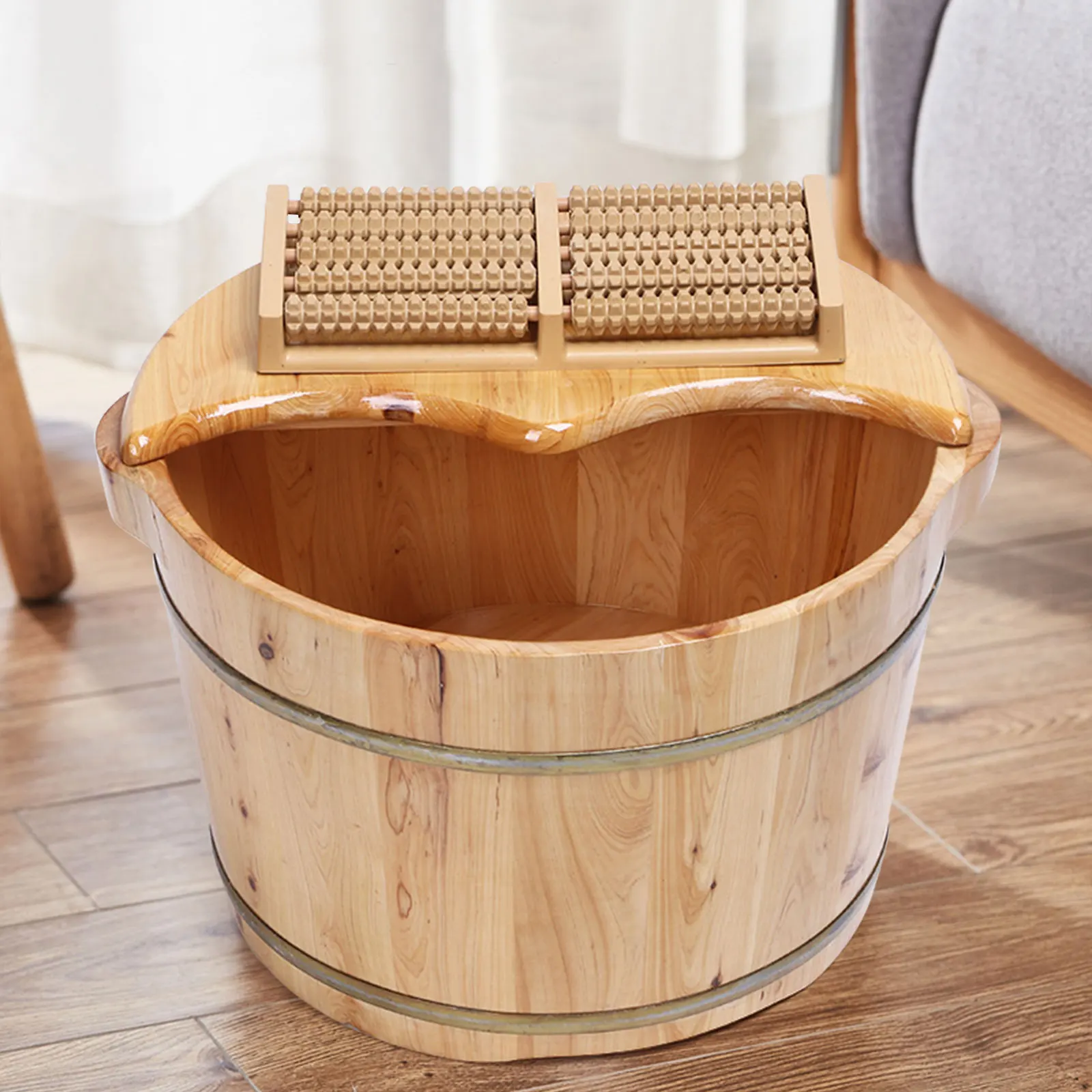 

10.36LB Cedar Wood Color Portable Bath Foot Basin Wood Pedicure Spa Bucket W/ Cover & Plate Massager