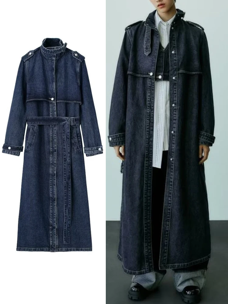 

TRAF 2023 Women Fashion Lace Up Denim Coats Jacket New Autumn Female Casual Trench Female Vintage Solid Outerwear Overcoat