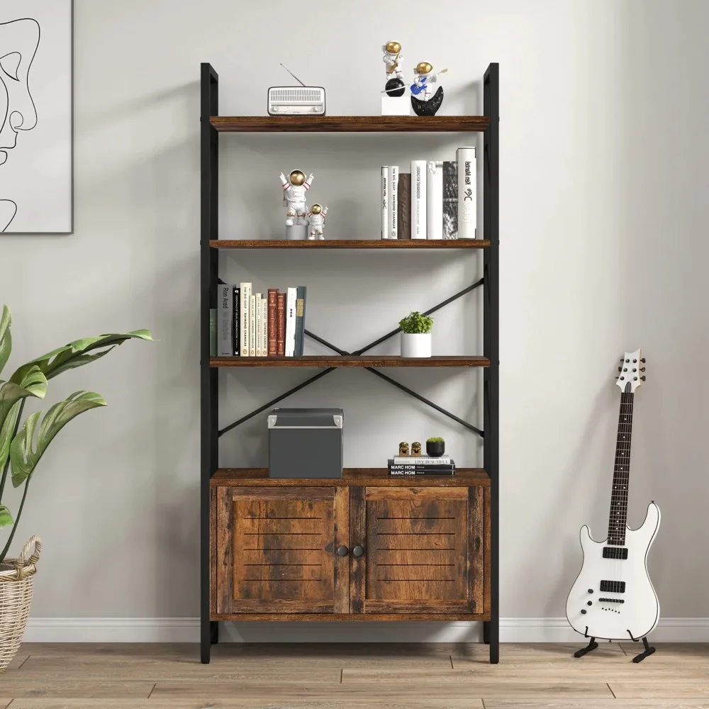 

5 Tiers Industrial Bookshelf and Bookcase with 2 Doors, Freestanding Book Shelves Display Rack with Storage Cabinet for Bedroom