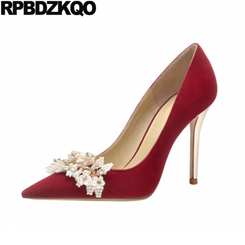 

Satin Pumps Red Stiletto Heels High Pointed Toe Ivory Crystal Rhinestone Diamond Shoes Plus Size Bridesmaid Wedding Ultra Ladies