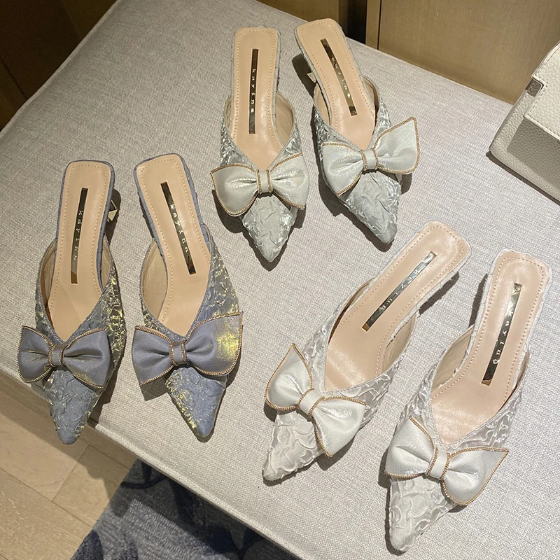 

Summers Women Mules Pumps Shoes Butterfly-knot Med Heels Ladies Sandals Pointed Toe Female Casual Outdoor Slippers Slides