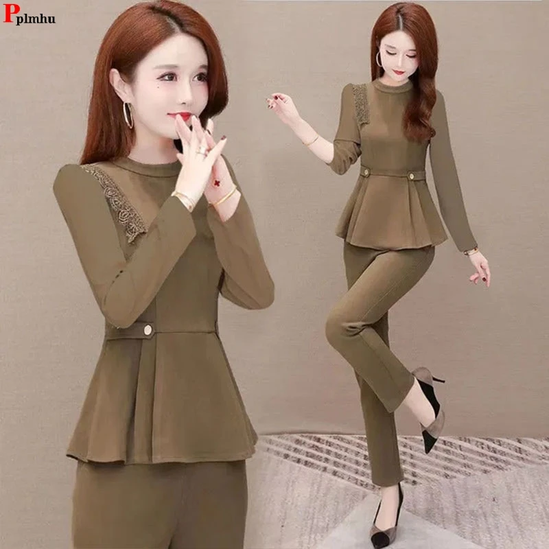 ElegantLongSleeveRufflesBlousesTopAnkleLengthPantsSuitKorean