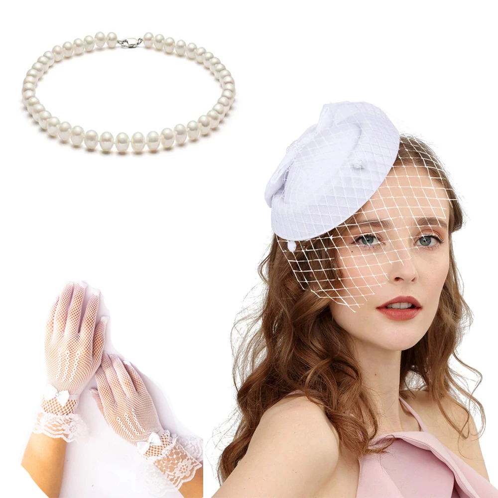 Fascinator Hats Fascinators Hats 20s 50s Hat Pillbox Hat Cocktail Tea Party Headwear with Veil Necklace gloves Set for Girls and Women
