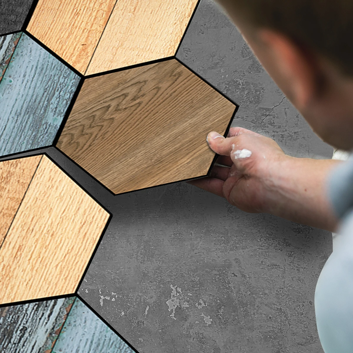 1 set of 11PCS Wood Grain Hexagonal Floor Stickers Waterproof Anti-slip Floor Stickers