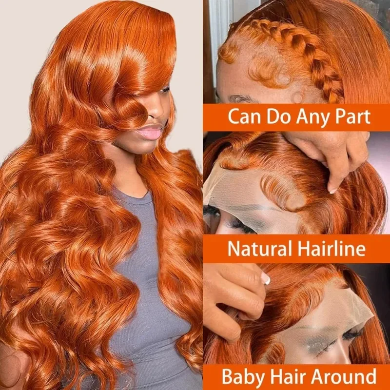 250% Density 13X4 HD Lace Front Wigs Ginger Orange Human Hair Body Wave Brazilian Virgin Wig Pre Plucked Natural Hairline