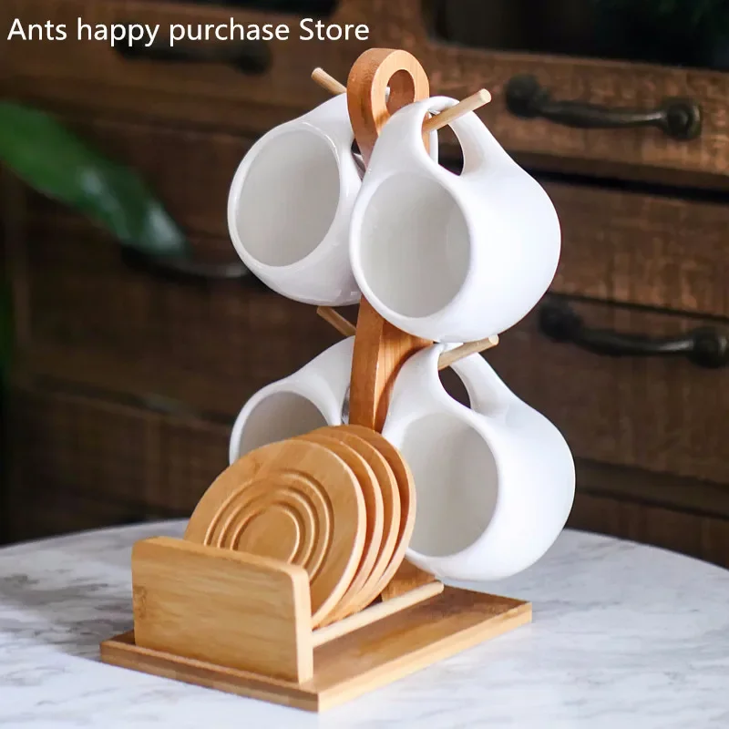 Ceramic coffee cup set Four-piece creative cup and saucer with bamboo frame combination coffee Mugs kitchen accessories coffee set