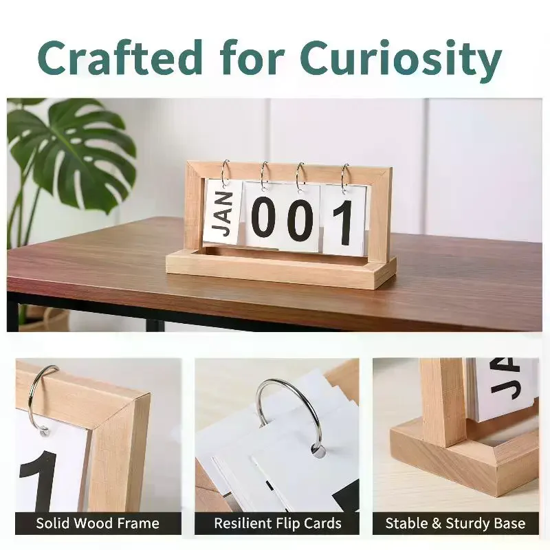 Calendario Perpetuo in Legno con Display a Fogli Mobili per Mese e Data, Pianificatore Giornaliero da Scrivania, Decorazione per Ufficio e Casa, Accessorio per Fotografia - immagine 2