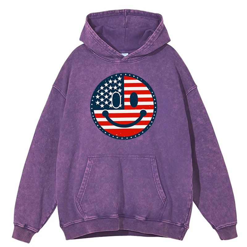 Sudadera con capucha retro desgastada con cara sonriente de la bandera estadounidense para hombre, ropa de moda, sudadera de hip hop, 100 % algodón con capucha