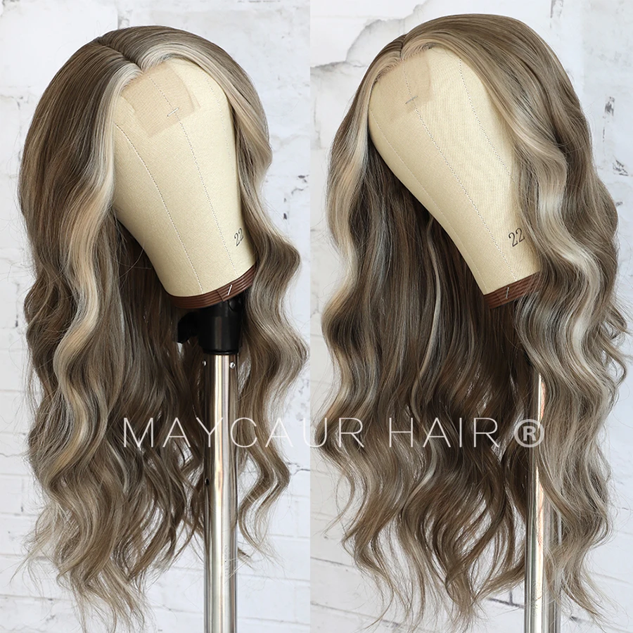 

Maycaur Cool Brown Color Synthetic Lace Front Wigs Long Wavy Highlights Hair Wigs Platinum Blonde Ombre Colorful Wigs