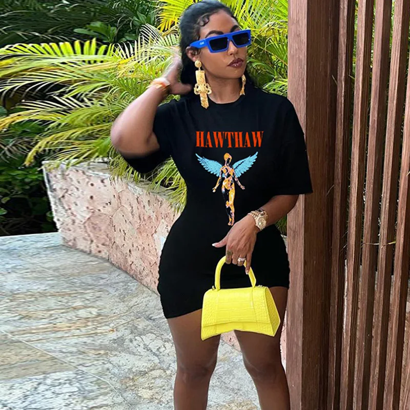 

2022 Summer Women's Casual Printing Round Neck Slim Short Sleeve Dress