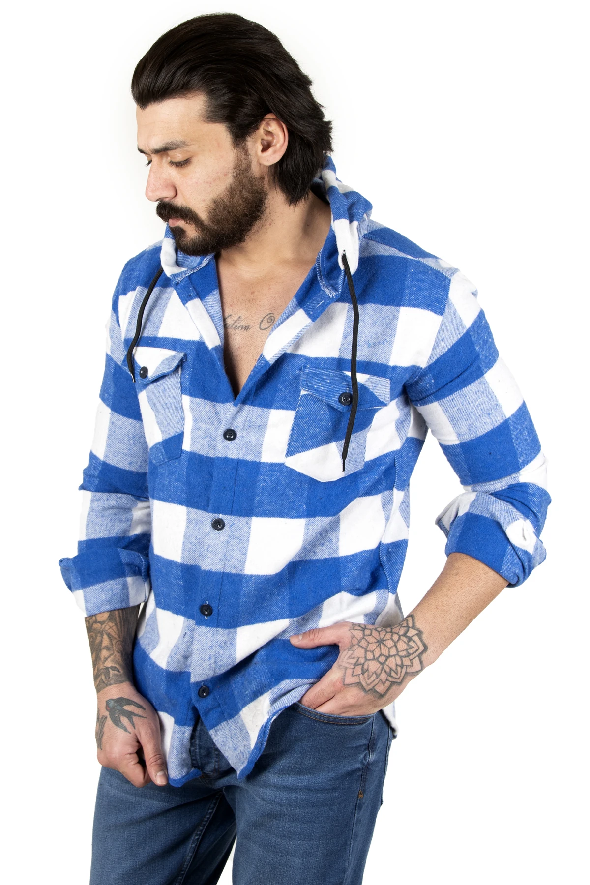 

DeepSEA Hooded Pockets Büyük Square Pattern Lumberjack Men Shirt 2201876