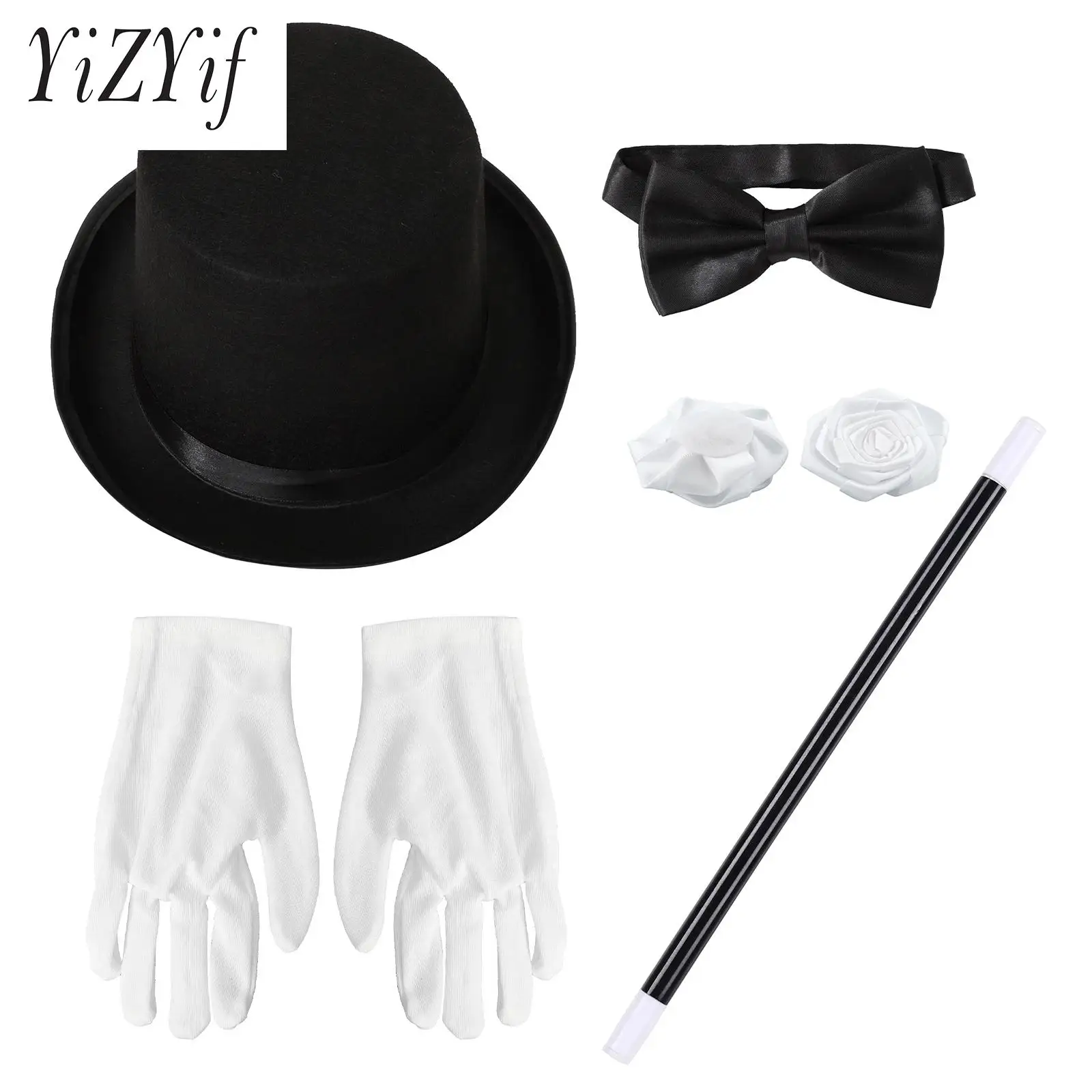 

Halloween Magician Costume Accessories Bowler Hat Gloves Bow Tie 2pcs Ribbon Roses and Magic Wand Props for Masquerade Party