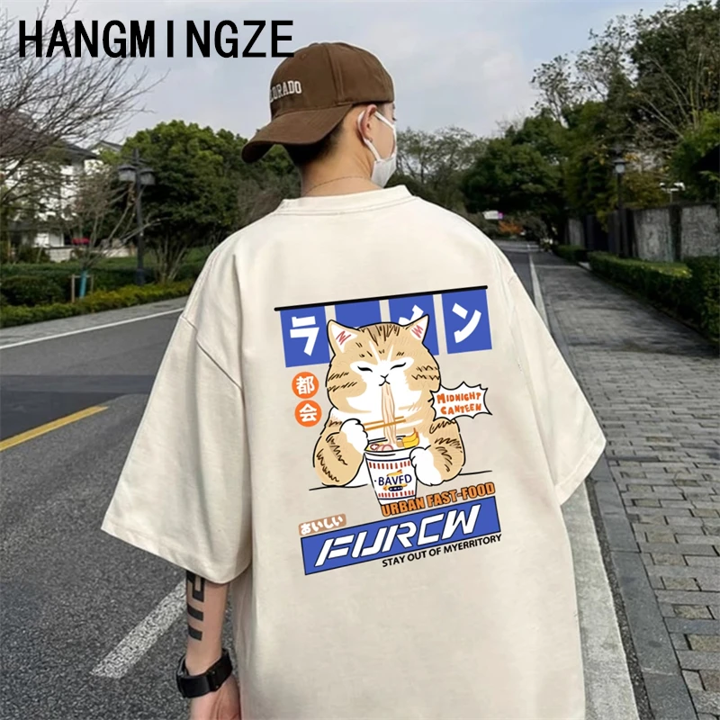 Summer High Street Cartoon Cat T shirts Men Cotton Tshirt Casual Short Sleeve T-shirt Japanese Style Oversized Tees Men Clothes