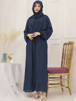 2025 Frayed Fashion Muslim Kimono Abaya Striped Retro Ethnic Cardigan Dubai Middle Eastern Saudi Arabia Eid Clothes Belted Robes