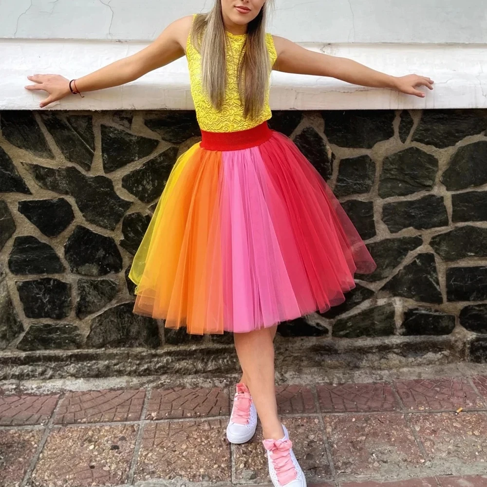 BABYONLINE Rainbow Skirts 5 Layers Tulle Petticoat Multicolored Tutu Bachelorette Party Colorful Halloween Costumes Casual petticoat skirt petticoat underskirt lolita petticoat tulle tutu skirt