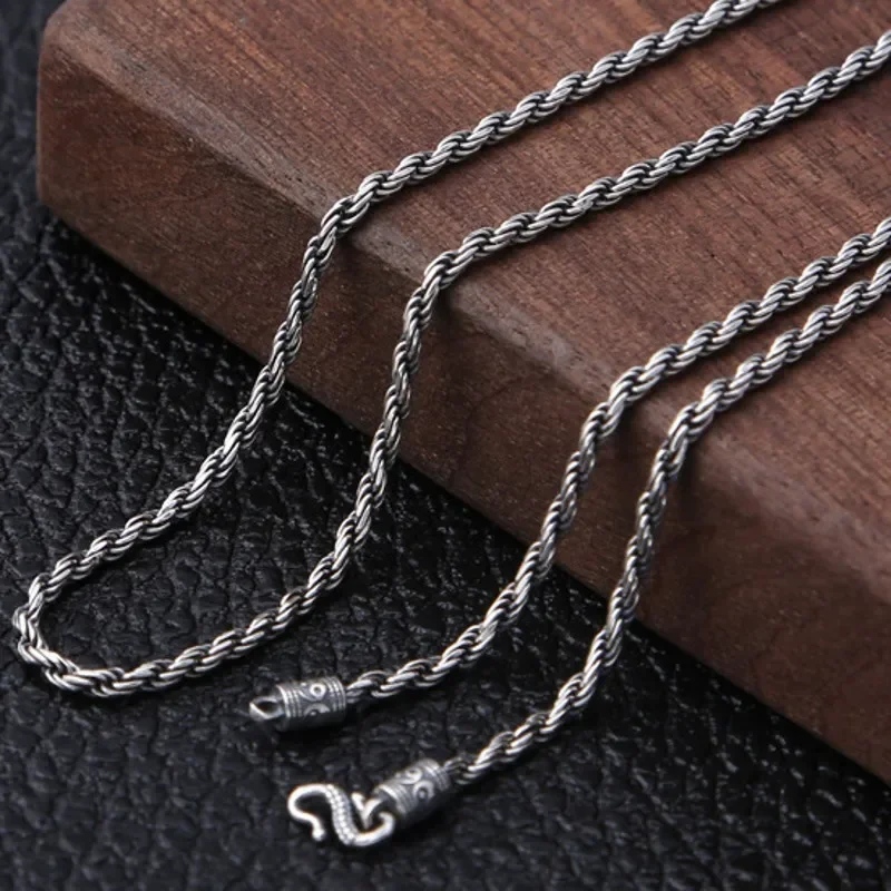 

New 2023 Fashion 100% Real S925 Silver Jewelry Accessories 1.6mm Vintage Necklace for Man Hemp Rope Weave Pattern