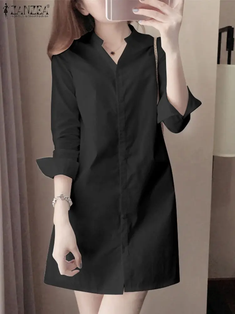 

Elegant Shirt Dress Women V Neck Long Sleeve Sundress ZANZEA Autumn Fashion Solid Work OL Dresses Casual Buttons Short Vestidos