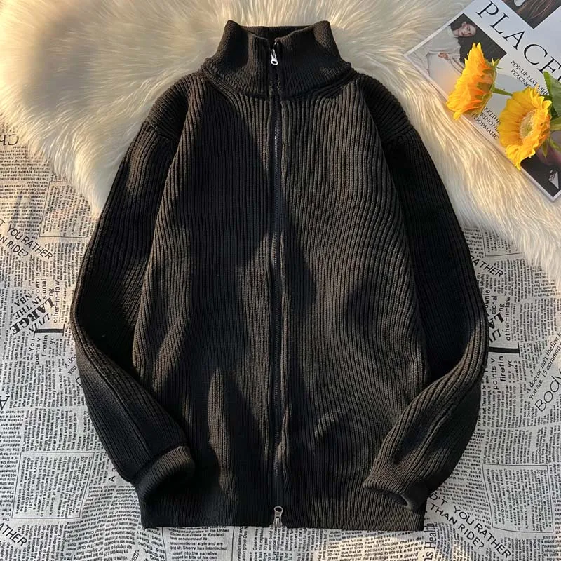 Autumn Winter Sweater Cardigan Men Mock Neck Long Sleeve Solid Knitwear Cardigan Single Breasted Loose Fit Sweater Coat X02