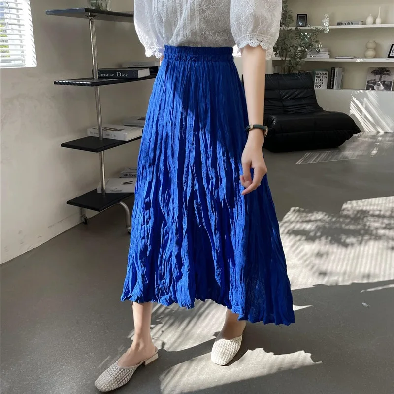 

Fashion Candy Color Pleated Skirt Women Summer Elastic High Waist Large Hem Party Long Skirt Female Elegant Vintage Loose Skirts