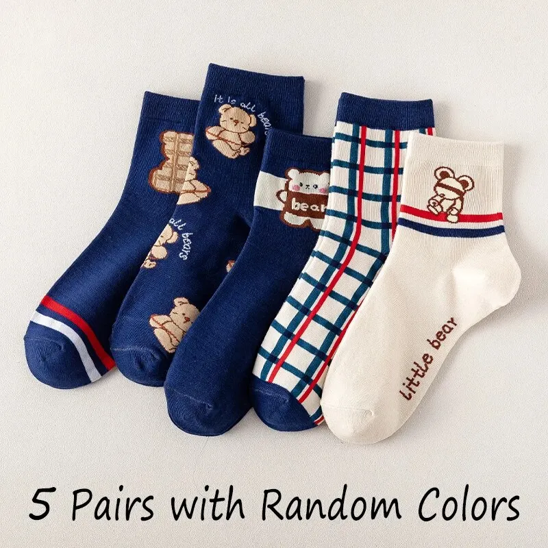 Womens Socks 5 Pairs Women's Spring Four-seasons Cartoon Bear Striped Mid-calf Socks