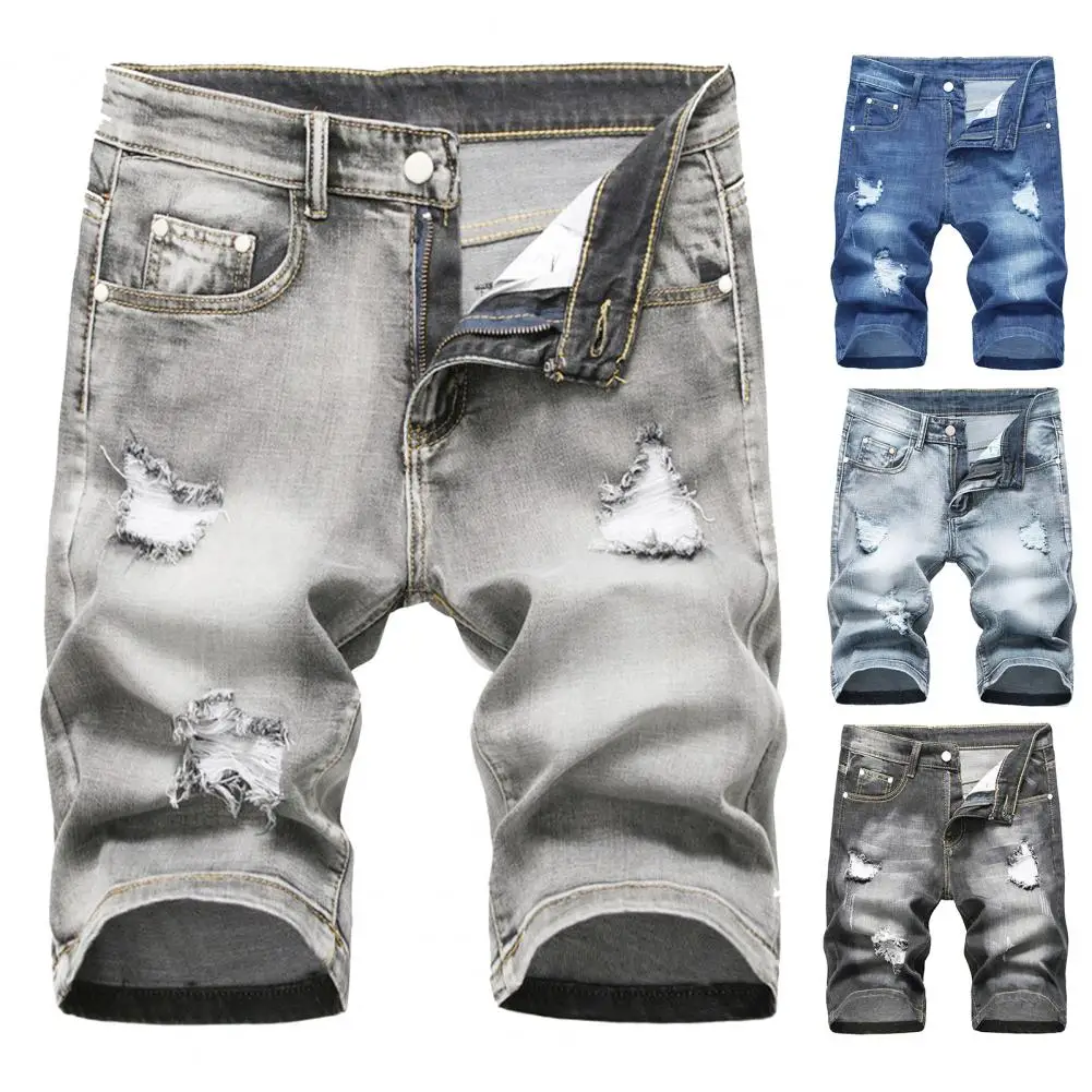 

Summer Denim Shorts Men Jean Shorts Jogger Multi Pockets Slim Ripped Holes Straight Denim Shorts for men pantalones cortos