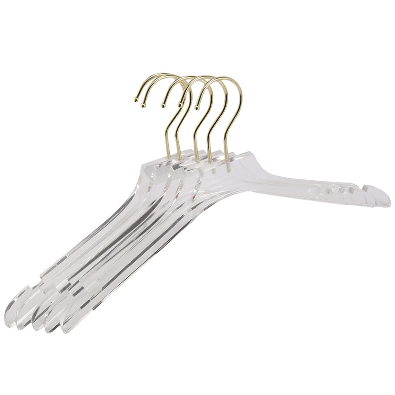 

5 Pcs Clear Acrylic Clothes Hanger With Gold Hook, Transparent Shirts Dress Hanger With Notches For Lady Kids