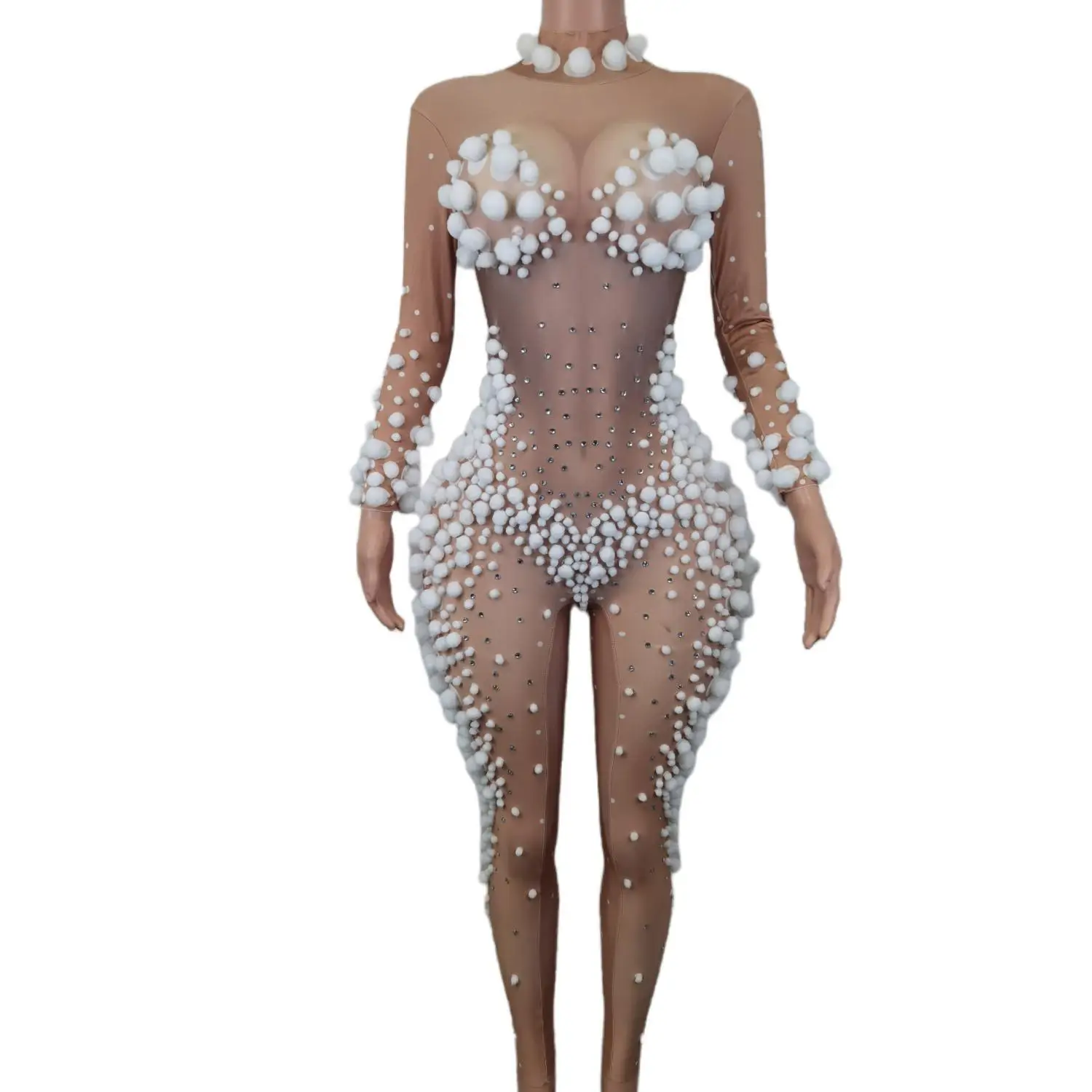 

White Latest Jumpsuit for Lady Nightclub Party Performance Costumes Shining Rhinestone Bodysuit Long Sleeve Sexy Backless Romper