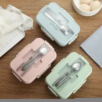 Boîte à déjeuner micro-ondes pour enfants, boîte à Bento Portable pour école et bureau avec vaisselle, cuillères, baguettes, boîte à nourriture en paille de blé 4