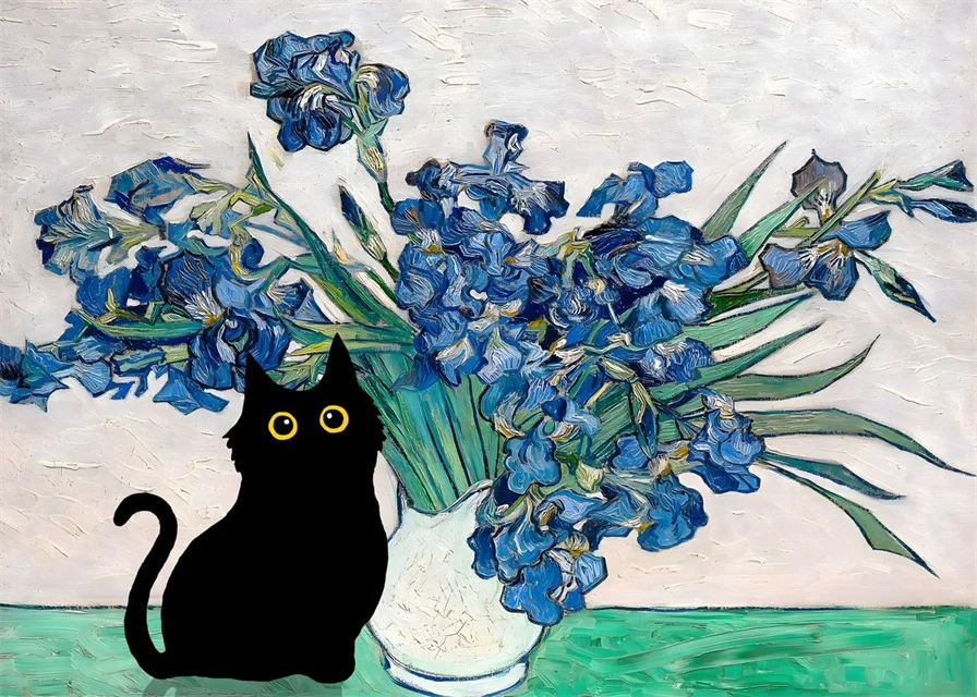 Van Gogh & Monet Inspired Cat Canvas: Starry Night and Sunflowers Wall Art
