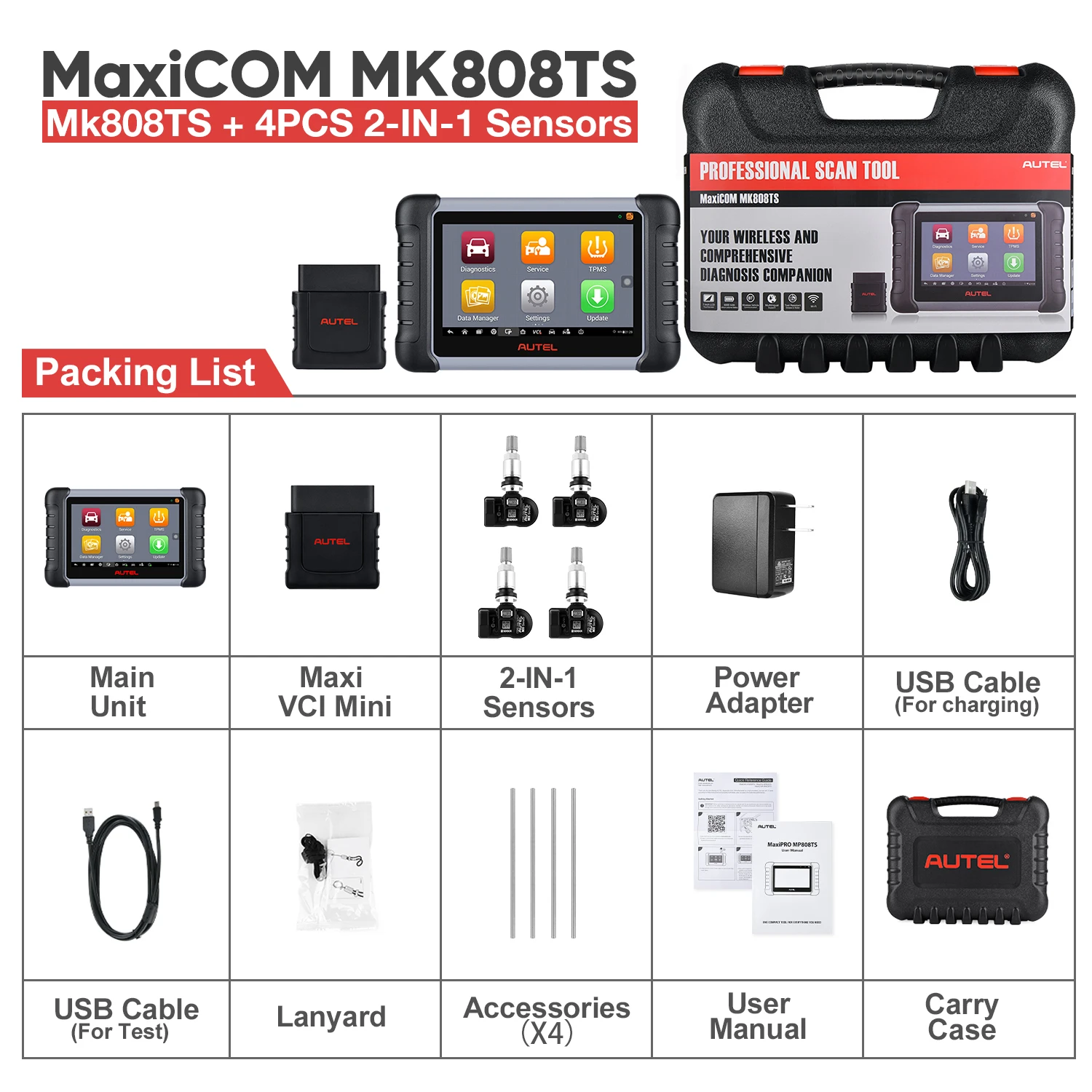 Autel MaxiCOM MK808TS PRO Auto Diagnostic Tool OBD2 Scanner Code Reader With Sensor TPMS Programing Functions PK MK808BT MK808TS car battery trickle charger