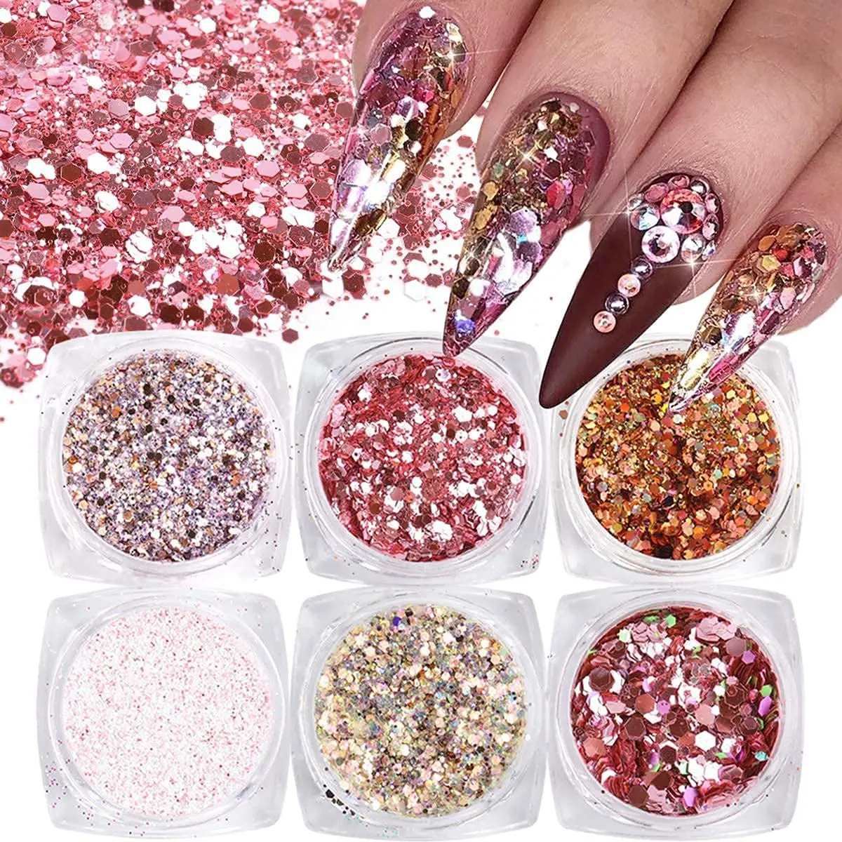 

6Boxes/Set Holographic Nail Glitter Mermaid Powder Flakes Shiny Charms Hexagon Sparkly Nail Art Pigment Dust Decoration Manicure