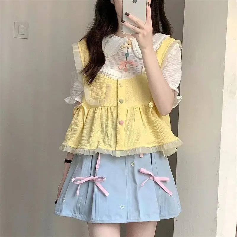 

Топ женский короткий с коротким рукавом и высокой талией, однотонный жилет с кукольным воротником, с бантом, в стиле академии, на лето