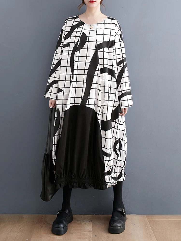 

Long Sleeve Patchwork Plaid Print Dresses For Women Loose Casual Vintage Midi Dress Fashion Elegant Clothing Spring Autumn 2023