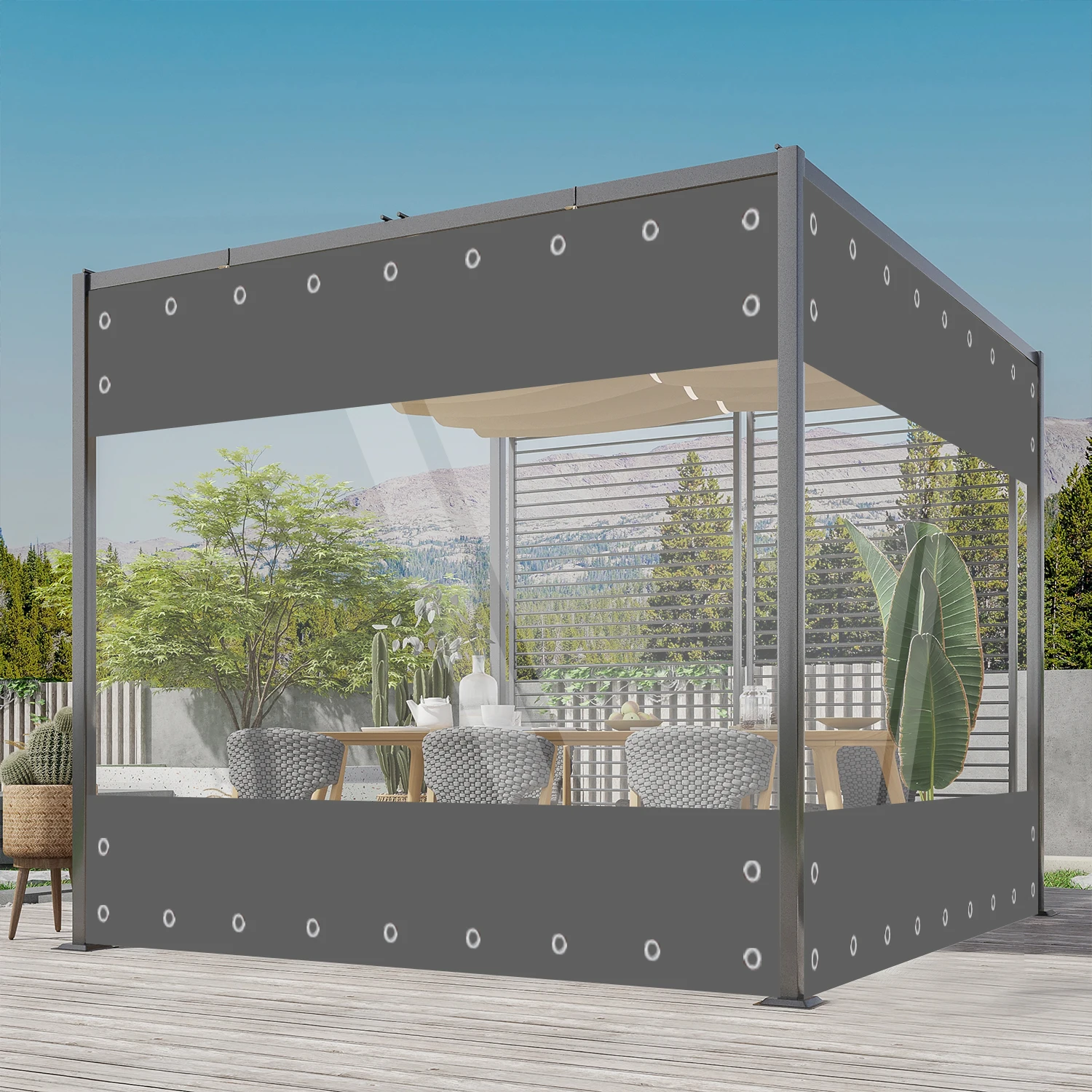 ジッパー透明ターポリン、ジッパードア付き屋外タープカーテン、パーゴラ用透明防水カーテン、キャンプ、ガーデニング用の耐久性の高い耐引裂  ジッパー透明ターポリン、ジッパードア付き屋外タープカーテン、パーゴラ用透明防水カーテン、キャンプ、ガーデニング用の耐久 ... パーゴラサイドパネル用カスタマイズ可能な防水クリアタープ - ポーチ＆ガゼボ用屋外カーテン、4x3.5mサイズ、耐候性設計、クリアな