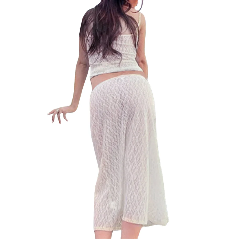 Women Lace See Through 2pcs Skirts Sets Sleeveless Crop Top and Skirt Matching Sets Night Club Underwear Pajama