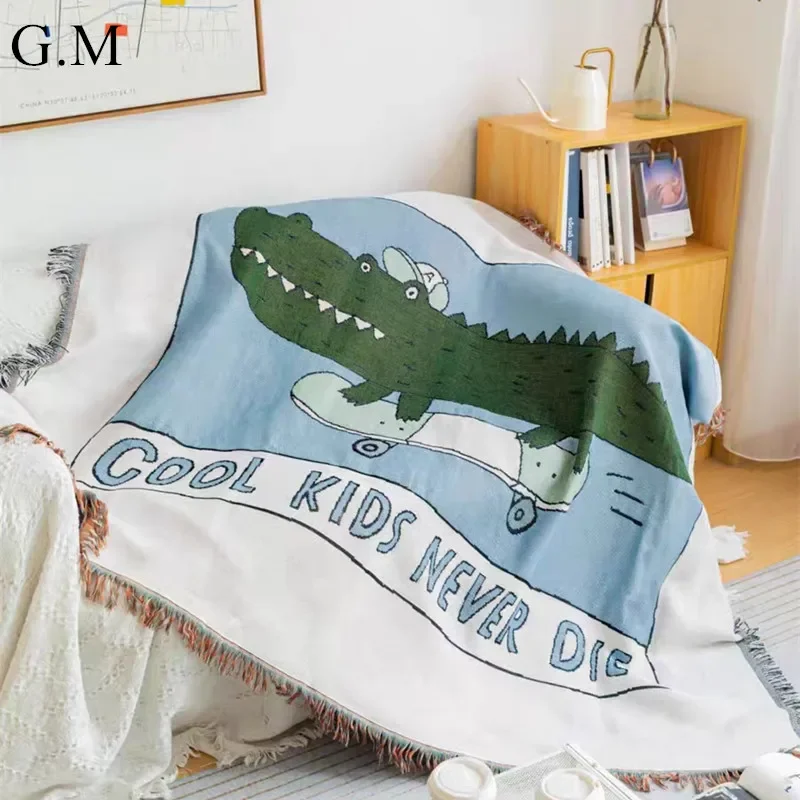 

Cartoon Yarn Dyed Sofa Throw Blanket Casual Soft Sofa Nap Blanket Knitted Picnic Blanket Outdoor Camping Mat Simple Tapestry