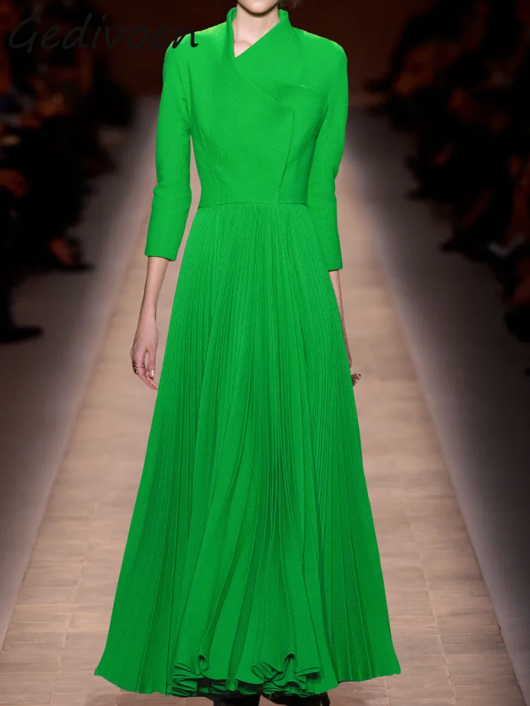 

Gedivoen Spring Fashion Designer Vintage Pleated Dress Women's 3/4 Sleeve High Waist Ruched Party ​Green Slim Maxi Long Dres