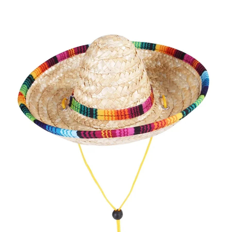 1pcs Pet Woven Straw Hat, Western Mexican Style Hat, Spring and Summer Sunshade Adjustable Hat