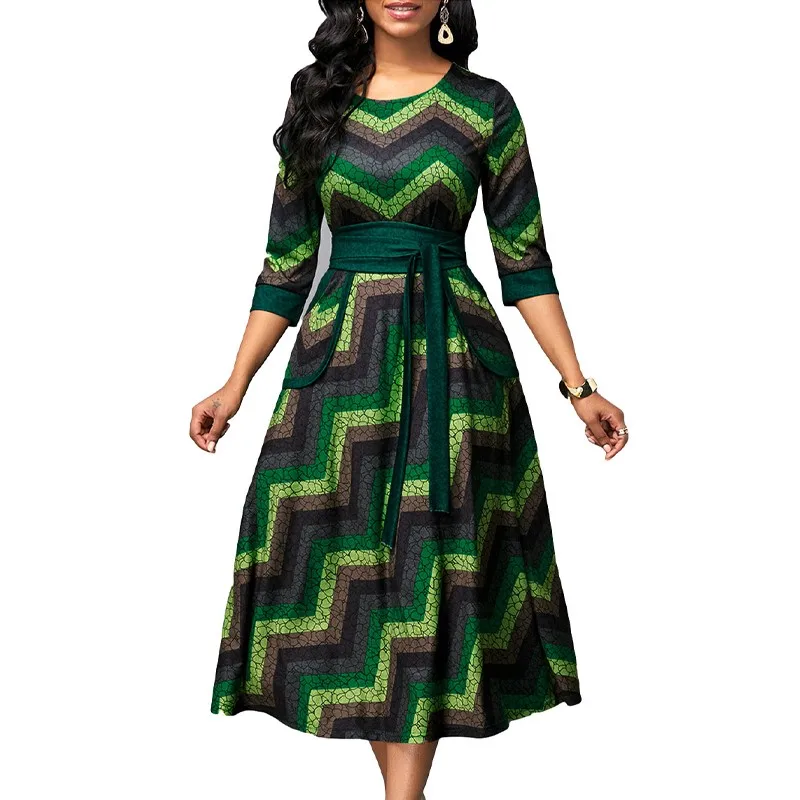 

Elegant Green Striped Print Dresses For Women Casual Round Neck Three Quarter High Waist Belt Midi Evening Party Dress Outfits