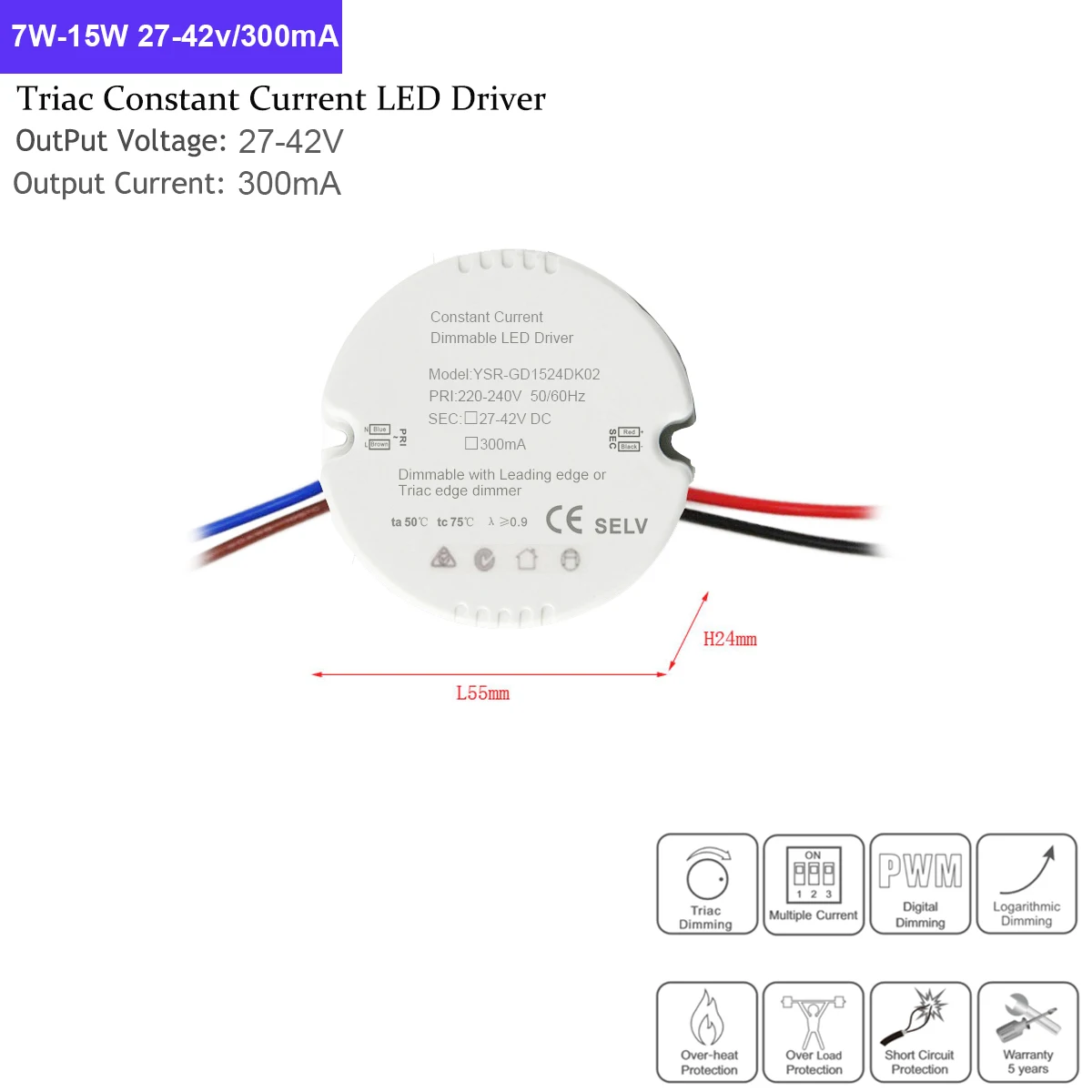 7-15w 150ma-450ma triac regulável led driver teto