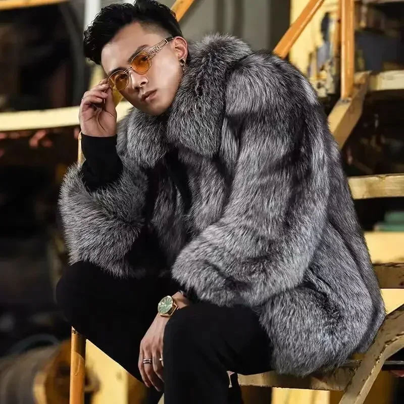 Faux Silver Fox Fur Coat Short Loose Cardigan Overcoat New Men Winter Thicken Warm Jacket  Leisure Fashion Outwear 4