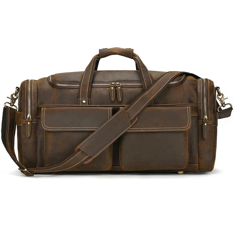 

54cm Big Genuine Leather Duffle Bags Real Cowskin Men Travel Bag Large Capaicity Weekender Vintage Fashion Handbag For Male